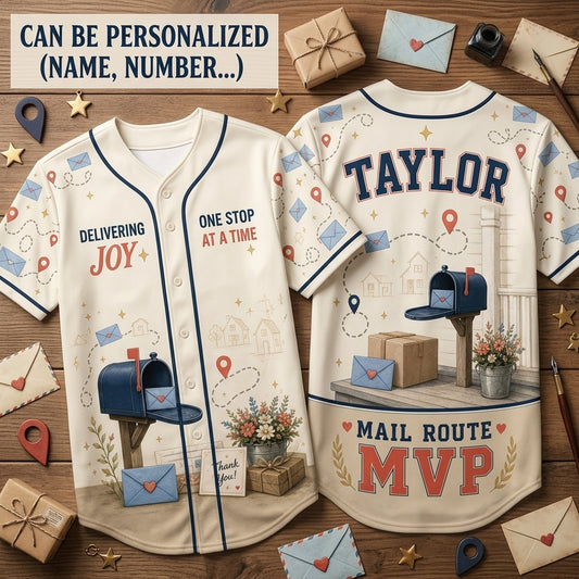 Personalized Mail Route MVP Baseball Jersey - Custom Name Postal Worker Gift, Delivering Joy All-Over Print Jersey