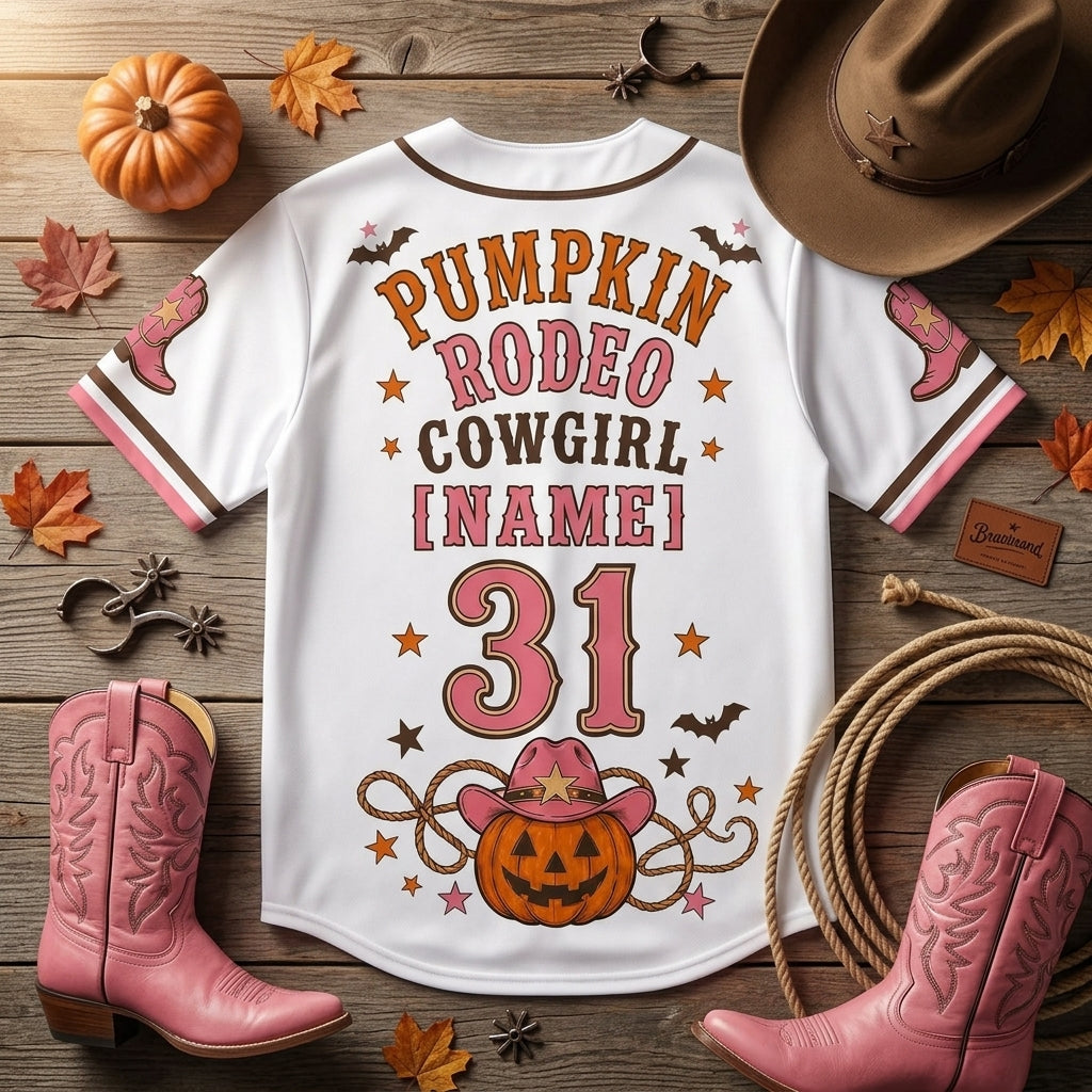 Personalized Pumpkin Rodeo Cowgirl Halloween Baseball Jersey - Custom Name & Number Western Shirt