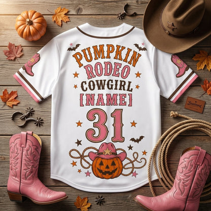 Personalized Pumpkin Rodeo Cowgirl Halloween Baseball Jersey - Custom Name & Number Western Shirt
