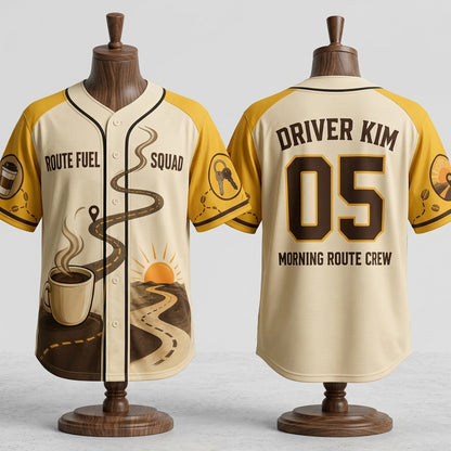 Personalized Route Fuel Squad Baseball Jersey - Custom Name & Number Morning Route Crew Coffee Shirt