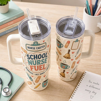 Personalized School Nurse Fuel 40oz Tumbler with Handle - Custom Name Retro Medical Gift