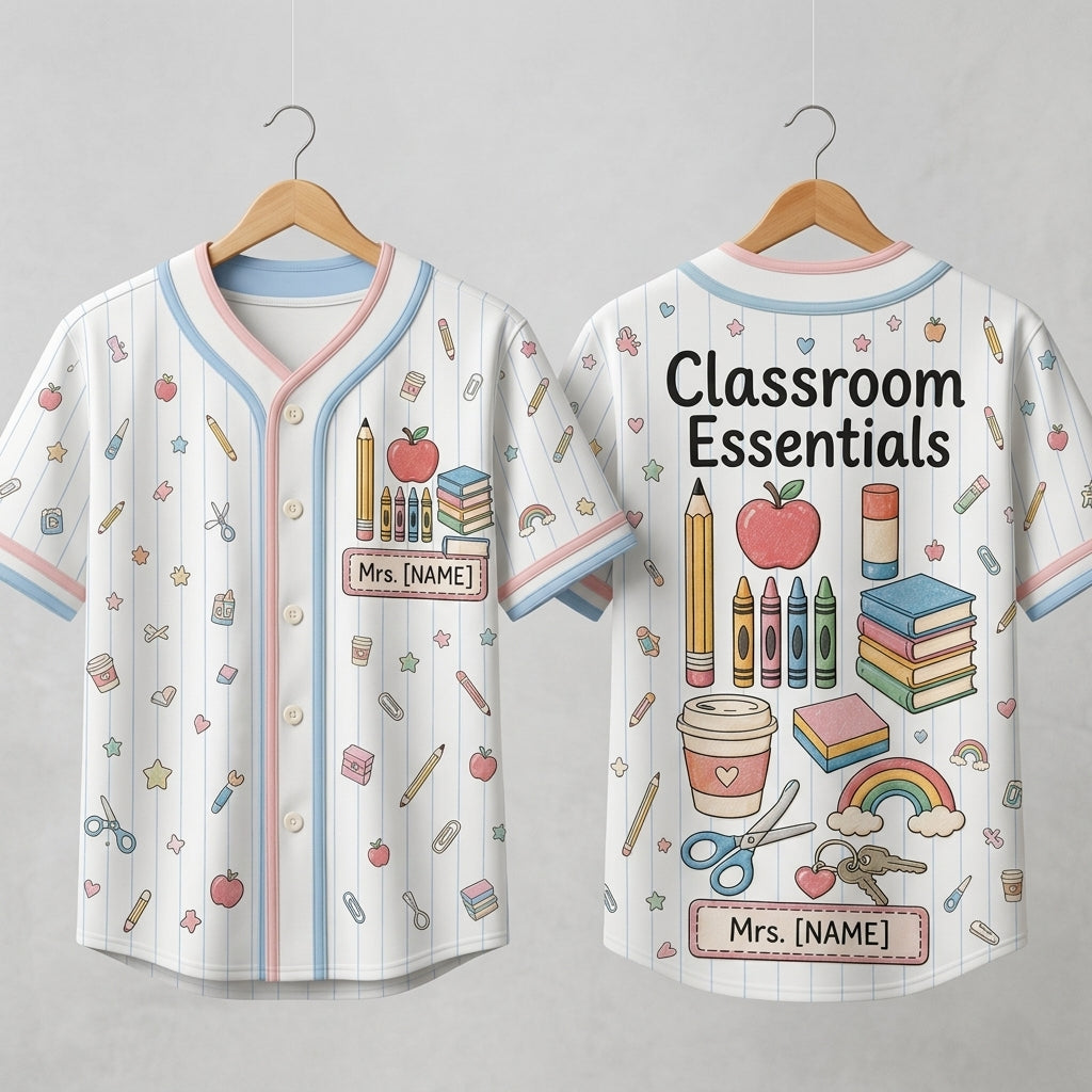 Personalized Classroom Essentials Teacher Baseball Jersey - Custom Name School Supplies Pastel Graphic Button Up