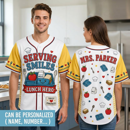 Personalized Lunch Hero Serving Smiles Baseball Jersey - Custom Name School Cafeteria Worker Gift product view 2