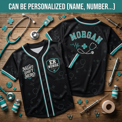 Personalized ER Nurse Night Shift Hero Baseball Jersey - Custom Name Medical Professional Athletic Shirt