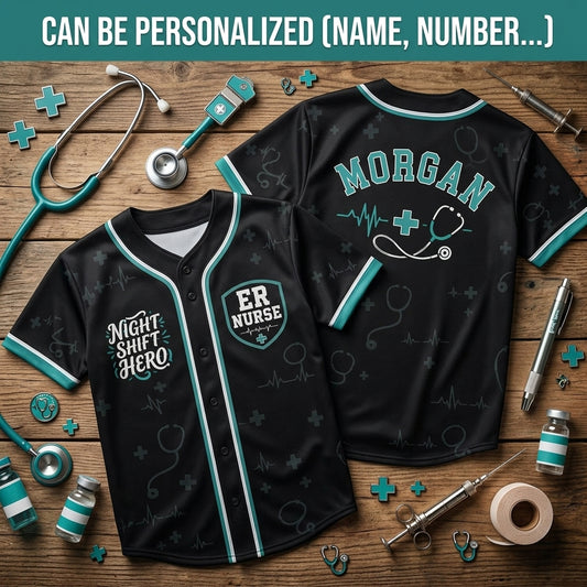 Personalized ER Nurse Night Shift Hero Baseball Jersey - Custom Name Medical Professional Athletic Shirt