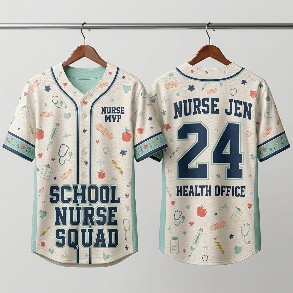 Personalized School Nurse Squad Baseball Jersey - Custom Nurse Name and Number Health Office Uniform