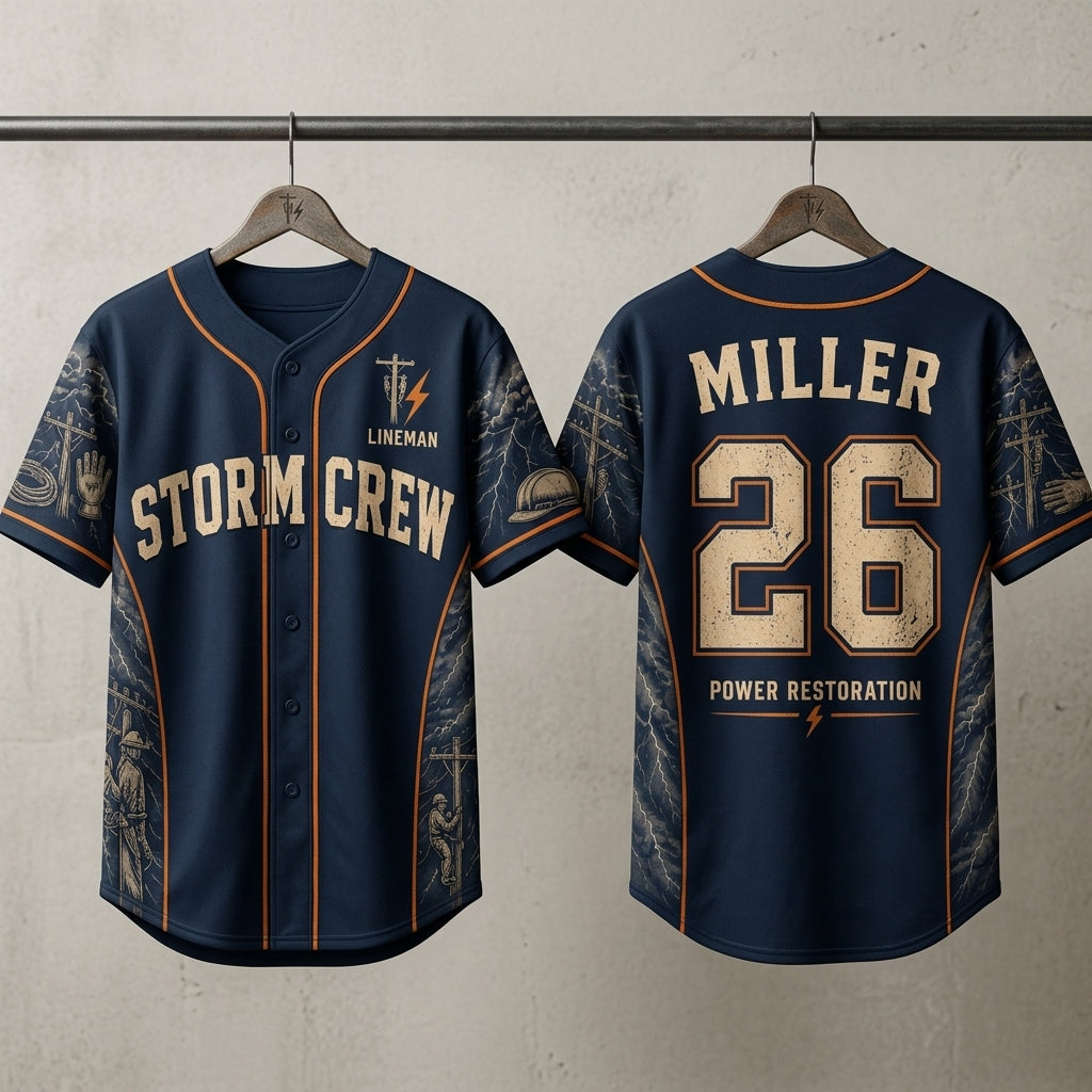 Personalized Lineman Storm Crew Baseball Jersey - Custom Name and Number Power Restoration Graphic Shirt product view 3