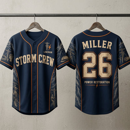Personalized Lineman Storm Crew Baseball Jersey - Custom Name and Number Power Restoration Graphic Shirt product view 3