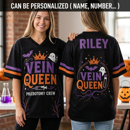 Personalized Vein Queen Phlebotomy Crew Football Jersey - Custom Name Halloween Phlebotomist Gift