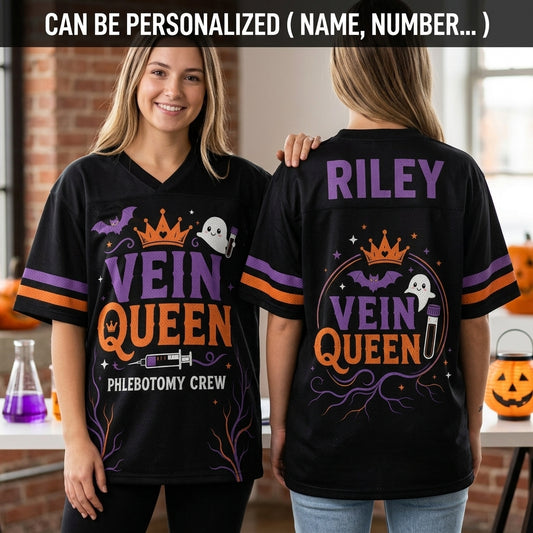 Personalized Vein Queen Phlebotomy Crew Football Jersey - Custom Name Halloween Phlebotomist Gift