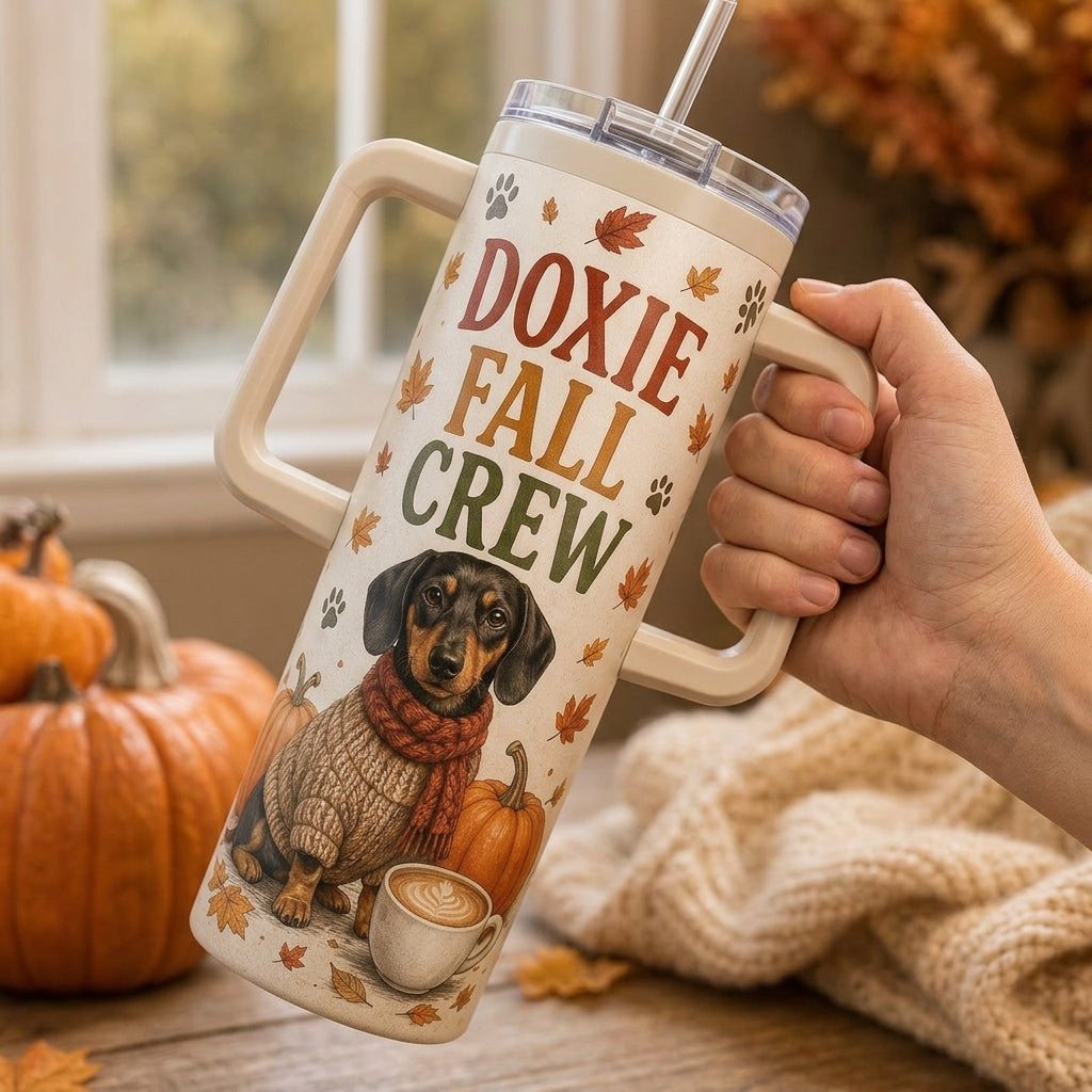 Personalized Doxie Fall Crew 40oz Tumbler with Handle - Pumpkin Spice Dachshund Dog Lover Gift