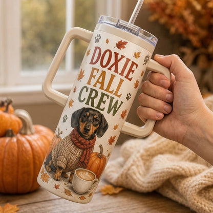 Personalized Doxie Fall Crew 40oz Tumbler with Handle - Pumpkin Spice Dachshund Dog Lover Gift