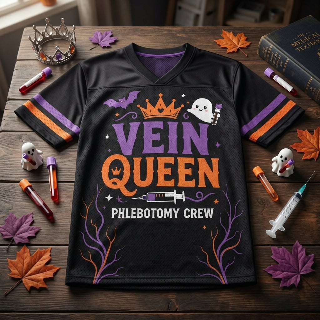 Personalized Vein Queen Phlebotomy Crew Football Jersey - Custom Name Halloween Phlebotomist Gift
