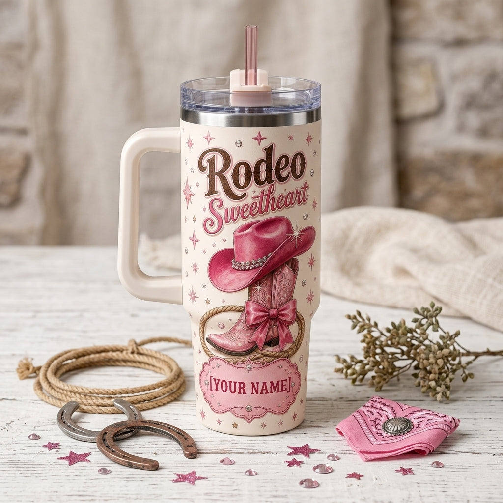 Personalized Rodeo Sweetheart 40oz Tumbler with Handle - Custom Pink Cowgirl Boots & Western Theme Gift