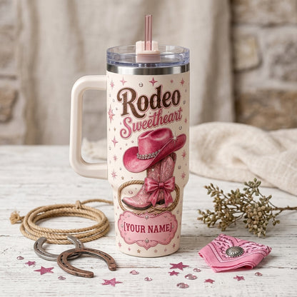 Personalized Rodeo Sweetheart 40oz Tumbler with Handle - Custom Pink Cowgirl Boots & Western Theme Gift