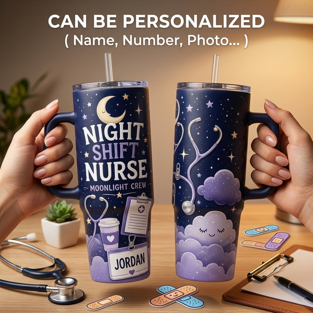 Personalized Night Shift Nurse 40oz Tumbler with Handle - Custom Name Moonlight Crew Nursing Gift