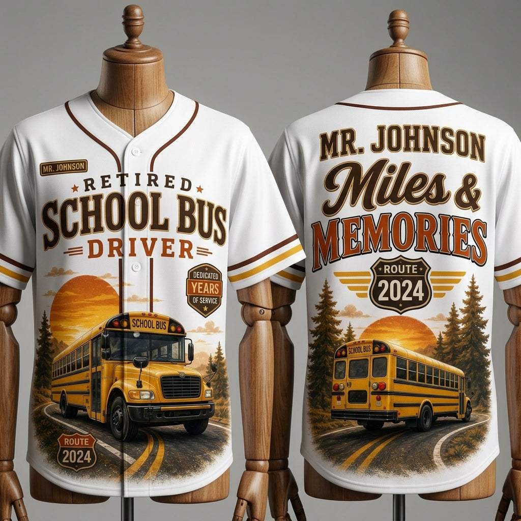 Personalized Retired School Bus Driver Baseball Jersey - Custom Name & Year Miles and Memories Shirt