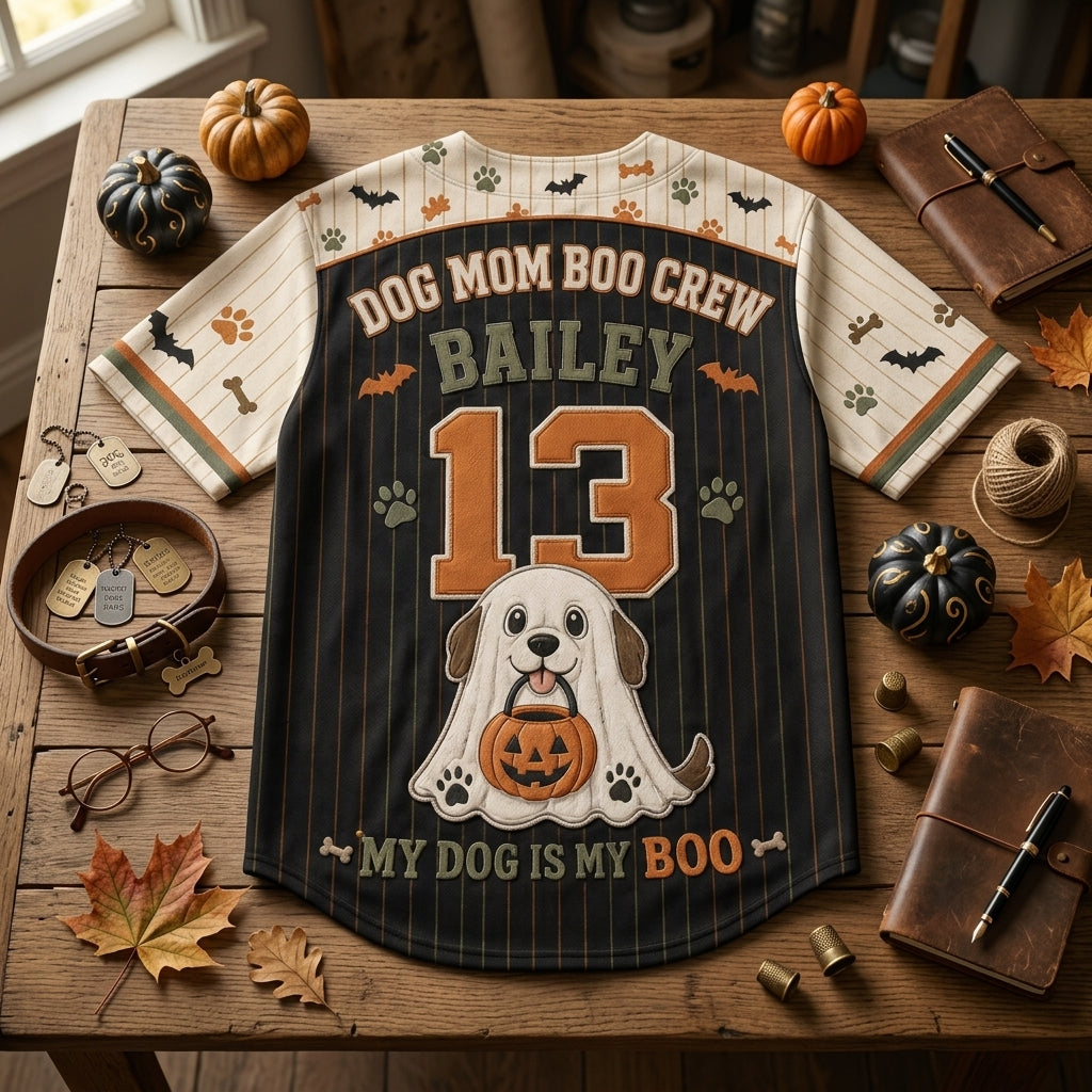 Personalized Dog Mom Boo Crew Baseball Jersey - Custom Name and Number Spooky Ghost Dog Halloween Shirt