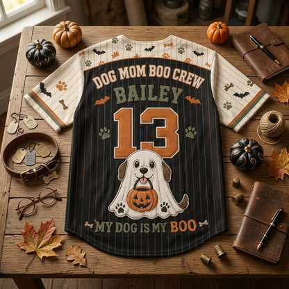 Personalized Dog Mom Boo Crew Baseball Jersey - Custom Name and Number Spooky Ghost Dog Halloween Shirt