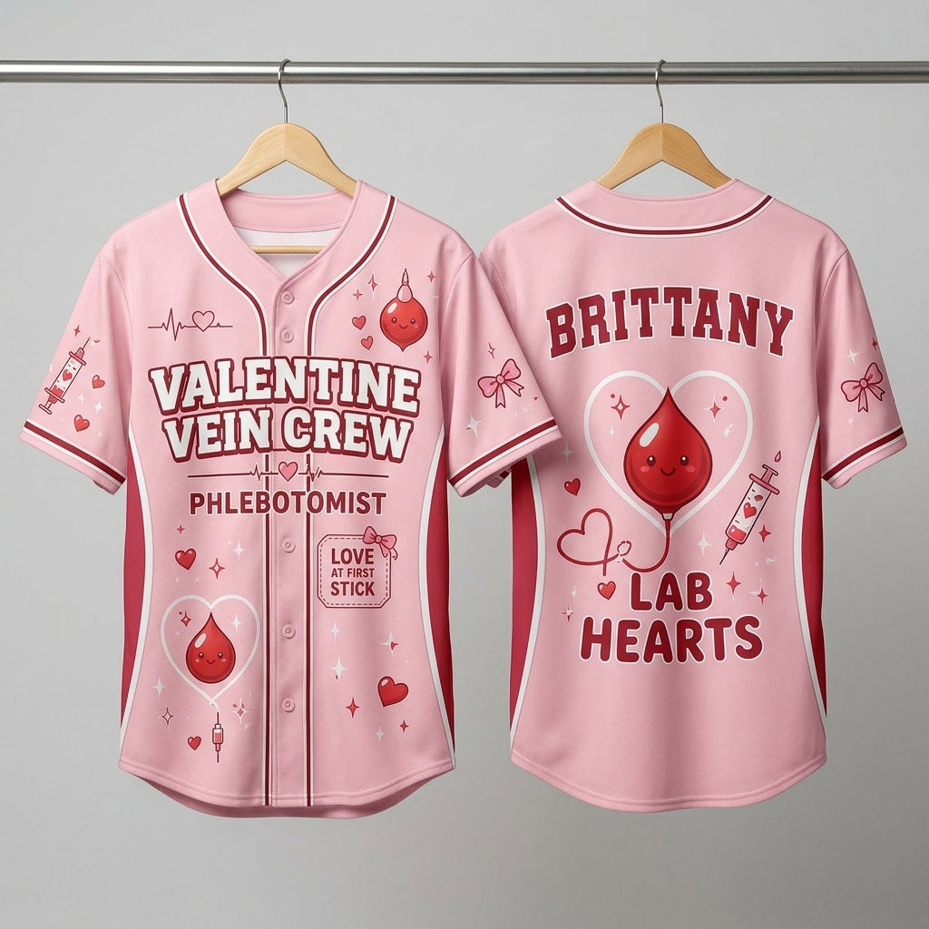 Personalized Phlebotomist Valentine Vein Crew Baseball Jersey - Custom Name Lab Hearts Nursing Shirt