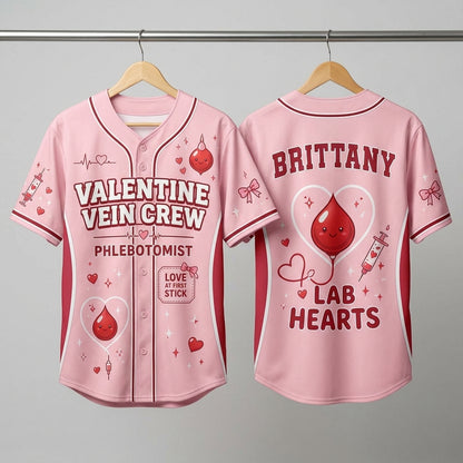 Personalized Phlebotomist Valentine Vein Crew Baseball Jersey - Custom Name Lab Hearts Nursing Shirt