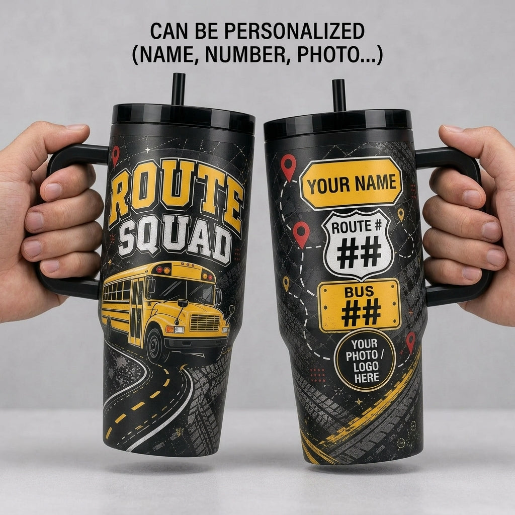 Personalized School Bus Driver 40oz Tumbler with Handle - Custom Route Squad Gift