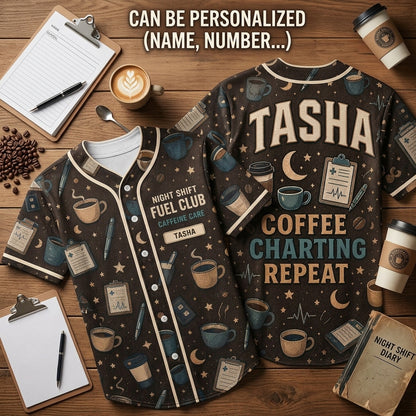 Personalized Night Shift Fuel Club Baseball Jersey - Custom Nurse Coffee & Charting Medical Gift