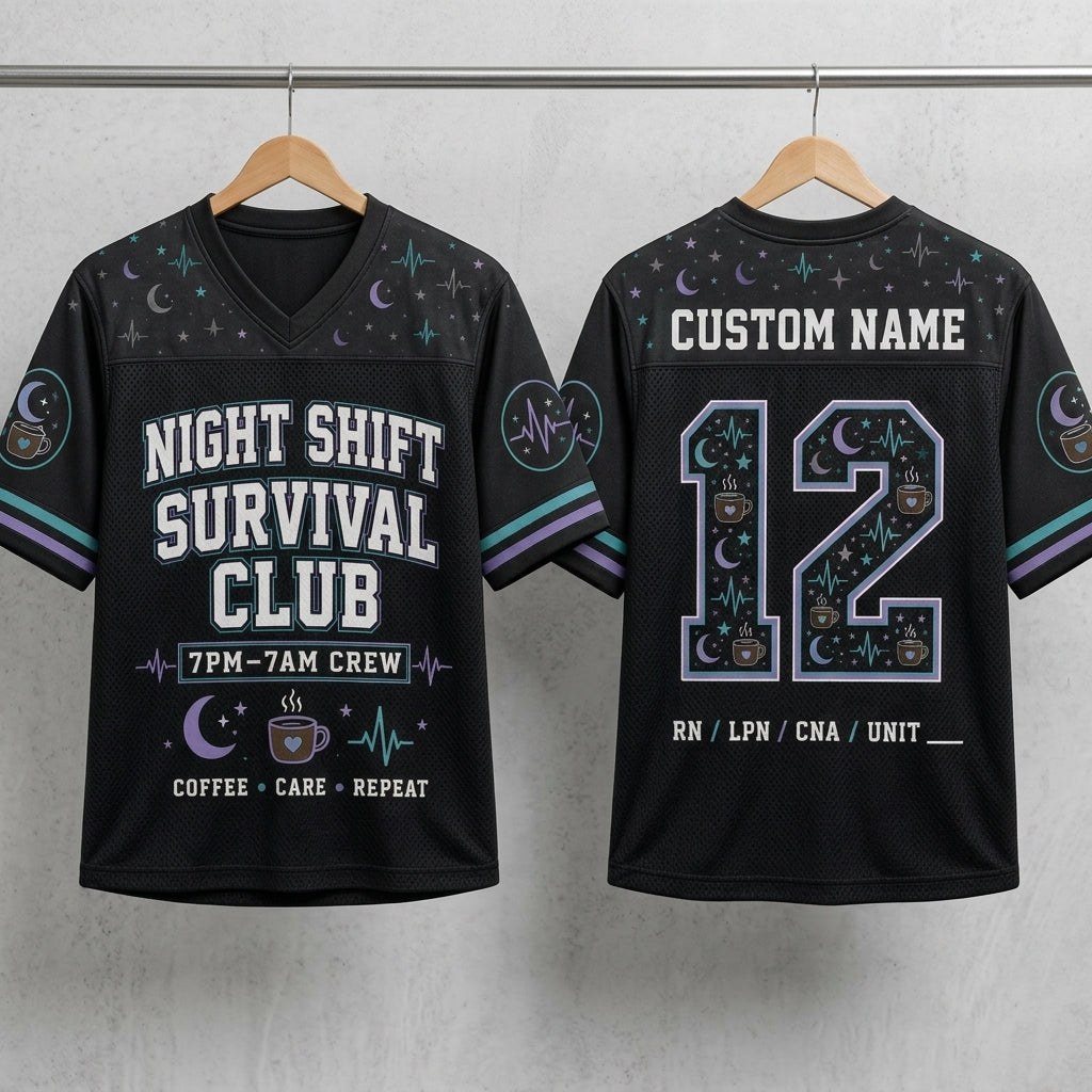 Personalized Night Shift Survival Club Football Jersey - Custom Name & Number Nurse Gift for RN LPN CNA