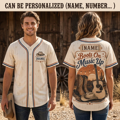 Personalized Country Music Baseball Jersey - Custom Name Boots On Music Up Western Cowboy Shirt