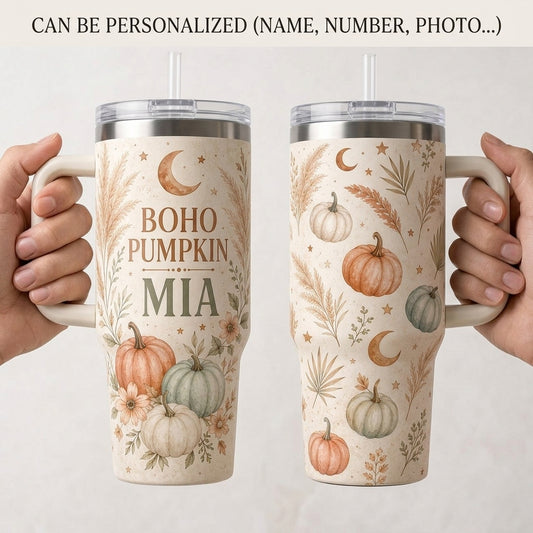 Personalized Boho Pumpkin 40oz Tumbler with Handle, Custom Name Autumn Travel Mug, Earthy Bohemian Gift