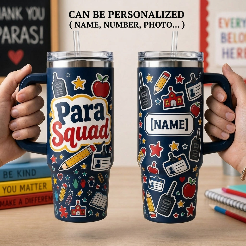 Personalized Para Squad 40oz Tumbler with Handle - Custom Name Paraprofessional Appreciation Gift