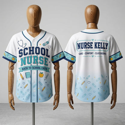 Personalized School Nurse Baseball Jersey - Custom Name Back to School Crew Athletic Shirt