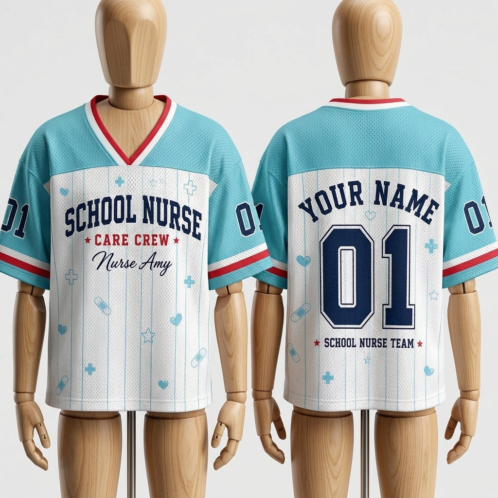 Personalized School Nurse Care Crew Football Jersey - Custom Name & Number Mesh Jersey for Nurses