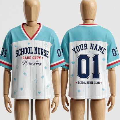 Personalized School Nurse Care Crew Football Jersey - Custom Name & Number Mesh Jersey for Nurses