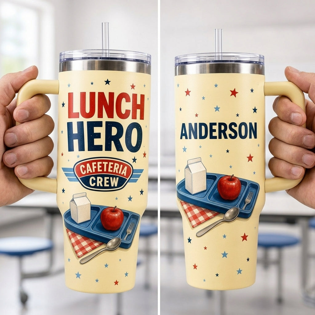 Personalized Lunch Hero Cafeteria Crew 40oz Tumbler with Handle - Custom Name School Staff Gift - 40oz tumbler mockup 4