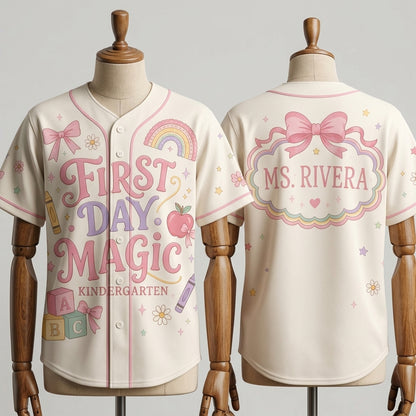 Personalized Kindergarten Teacher Baseball Jersey - Custom Name First Day Magic Coquette Back to School Shirt