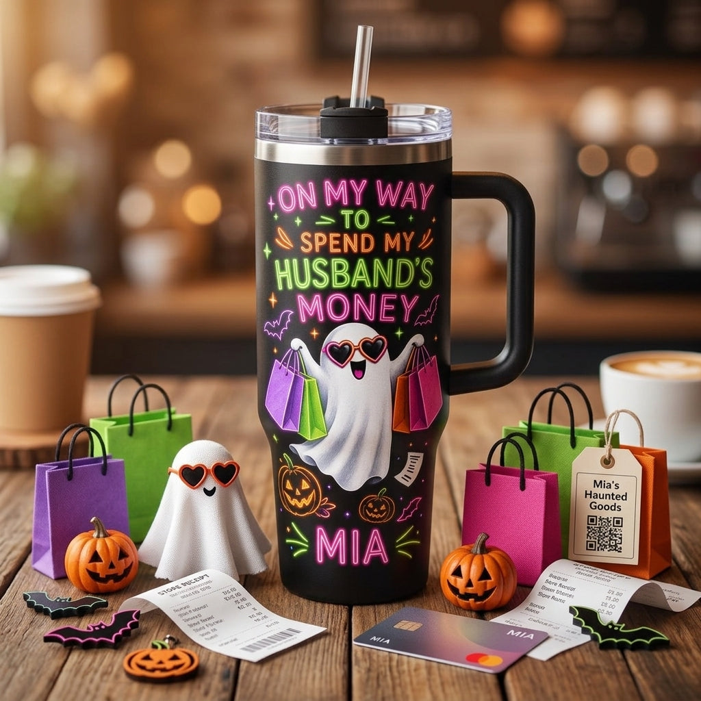 Personalized Neon Ghost 40oz Tumbler with Handle - Custom Name Shopping Wife Gift - On My Way To Spend My Husband's Money Halloween Cup