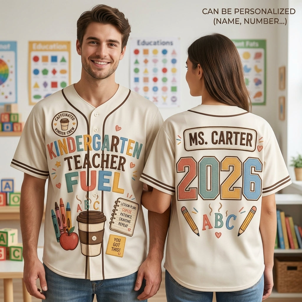 Personalized Kindergarten Teacher Baseball Jersey - Custom Name and Year Teacher Fuel Spirit Shirt