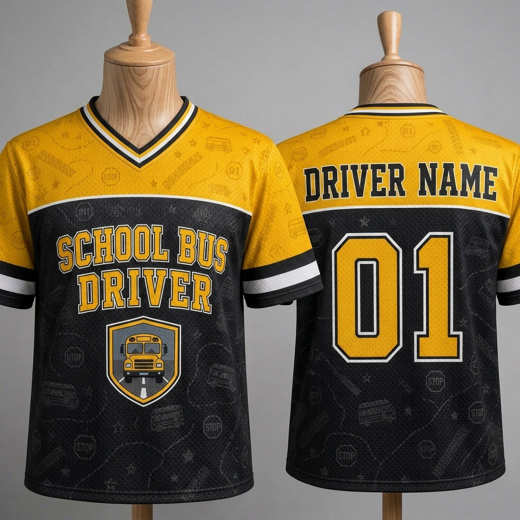 Personalized School Bus Driver Football Jersey - Custom Name & Number Mesh Sporty Jersey