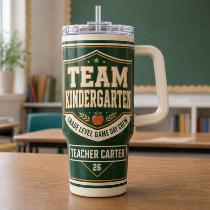 Personalized Team Kindergarten 40oz Tumbler with Handle, Custom Teacher Name Gift, Grade Level Game Day Crew School Travel Mug