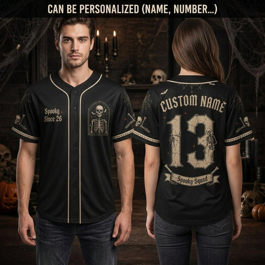 Personalized Spooky Skeleton Halloween Baseball Jersey - Custom Name and Number Goth Spirit Squad Athletic Shirt