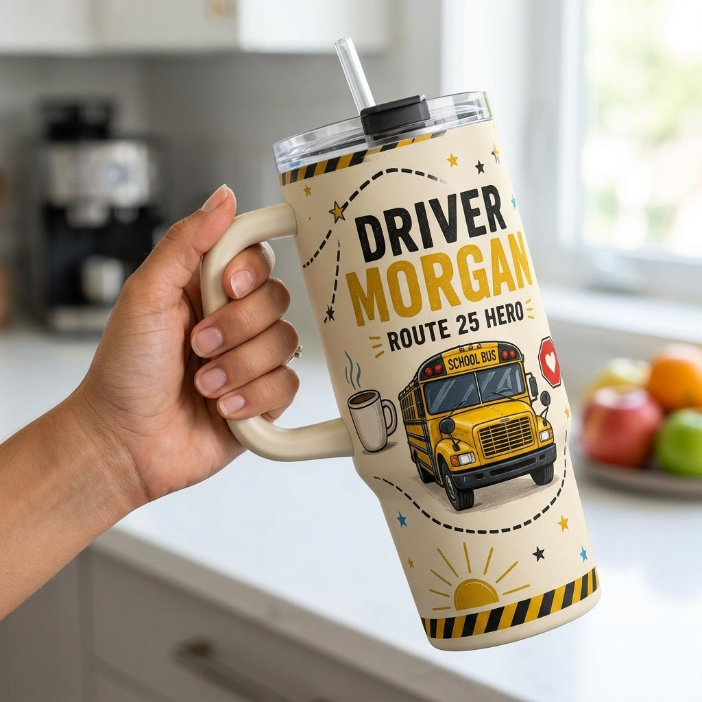 Personalized School Bus Driver 40oz Tumbler with Handle - Custom Name & Route Hero Gift