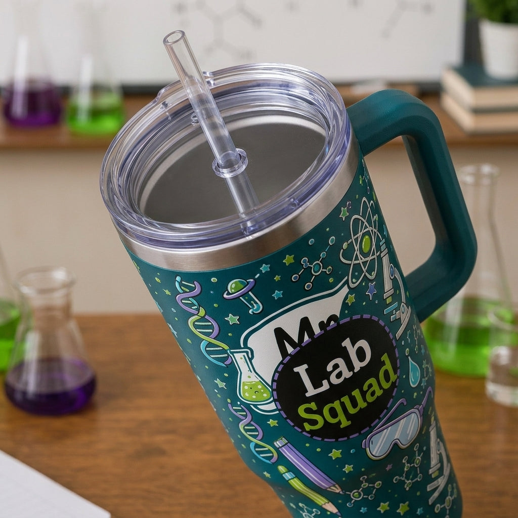 Personalized Science Teacher 40oz Tumbler with Handle - Custom Name Lab Squad Hydration Lab Gift