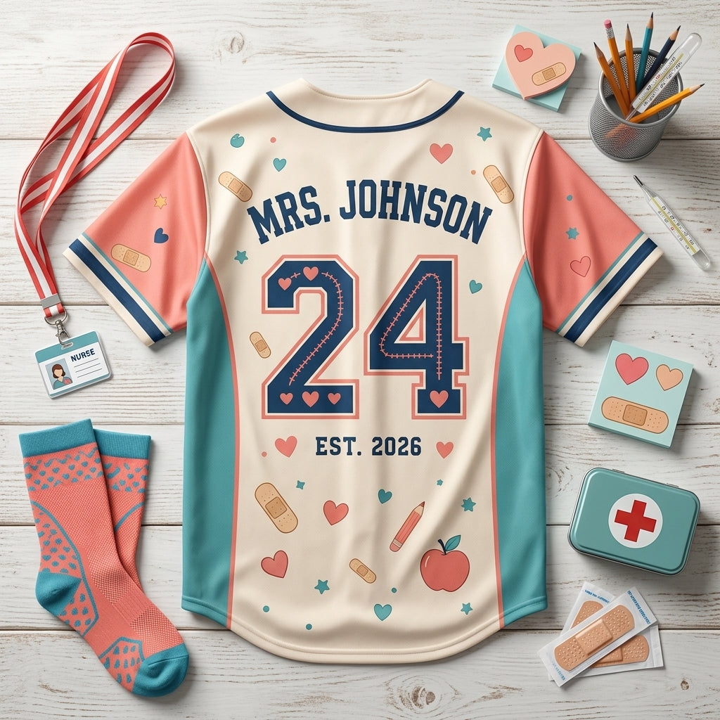 Personalized School Nurse Baseball Jersey - Band-Aids & Big Hearts Custom Name and Number Nursing Gift