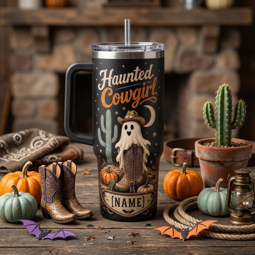 Personalized Haunted Cowgirl 40oz Tumbler with Handle - Custom Name Western Halloween Ghost Gift