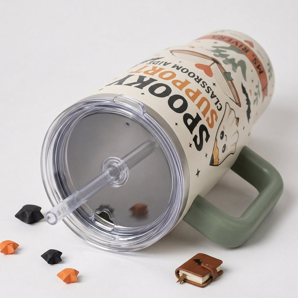 Personalized Spooky Support Classroom Aide 40oz Tumbler with Handle, Custom Halloween Gift for Teacher Aide