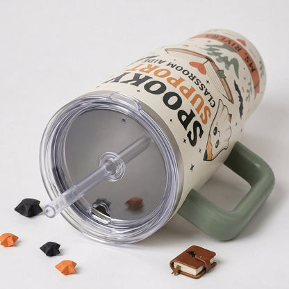 Personalized Spooky Support Classroom Aide 40oz Tumbler with Handle, Custom Halloween Gift for Teacher Aide