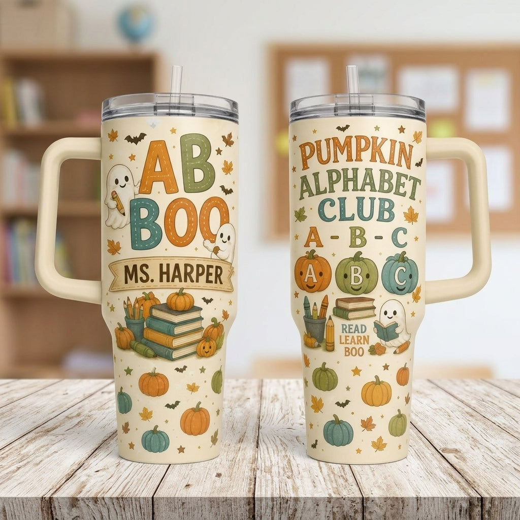 Personalized 40oz Tumbler with Handle - Pumpkin Alphabet Club Teacher Halloween Gift - Custom Name