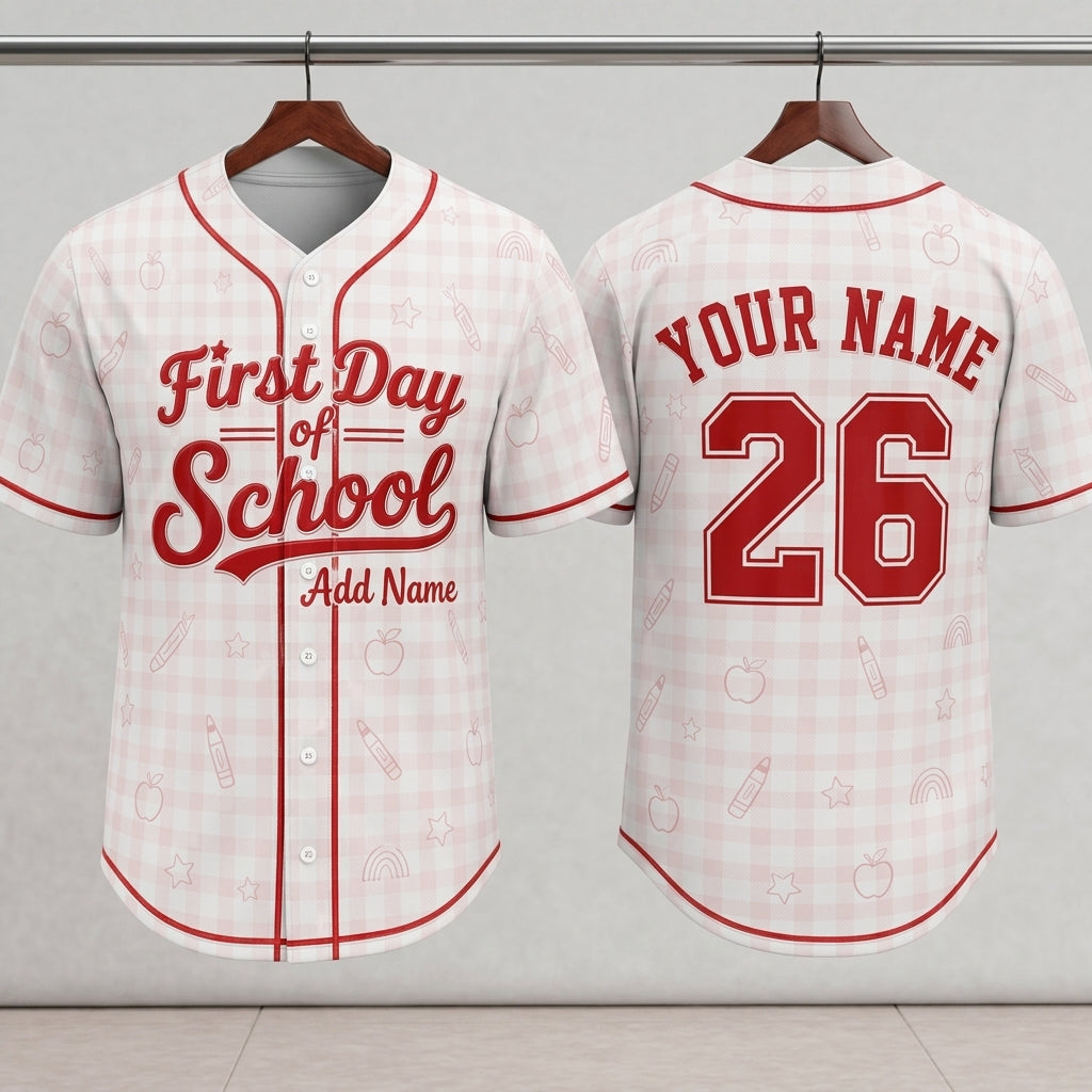 Personalized First Day of School Baseball Jersey - Custom Name & Number Back to School Gingham Shirt for Kids