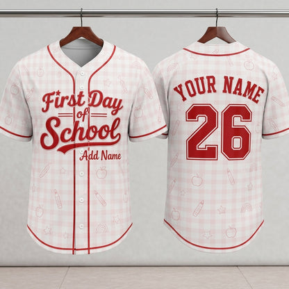 Personalized First Day of School Baseball Jersey - Custom Name & Number Back to School Gingham Shirt for Kids